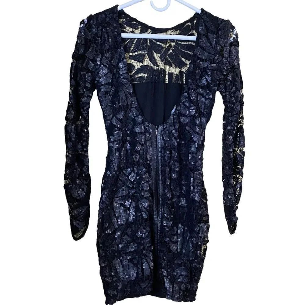 SKY Brand Black Fayina Sequined Lace Leather Trimmed Dress Size Small - Picture 8 of 15